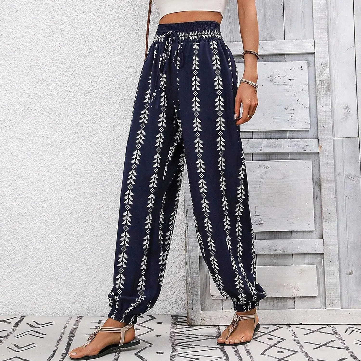 Harem Pants Women Elastic Drawstring High Waisted Jogger Pants Baggy Lounge Pants Soft Boho Yoga Pants with Pockets