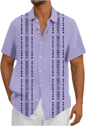 Hawaiian Linen Shirt for Men,Vintage Stripes Print Holiday Bowling Top Short Sleeve Casual Button Down Beach Shirts