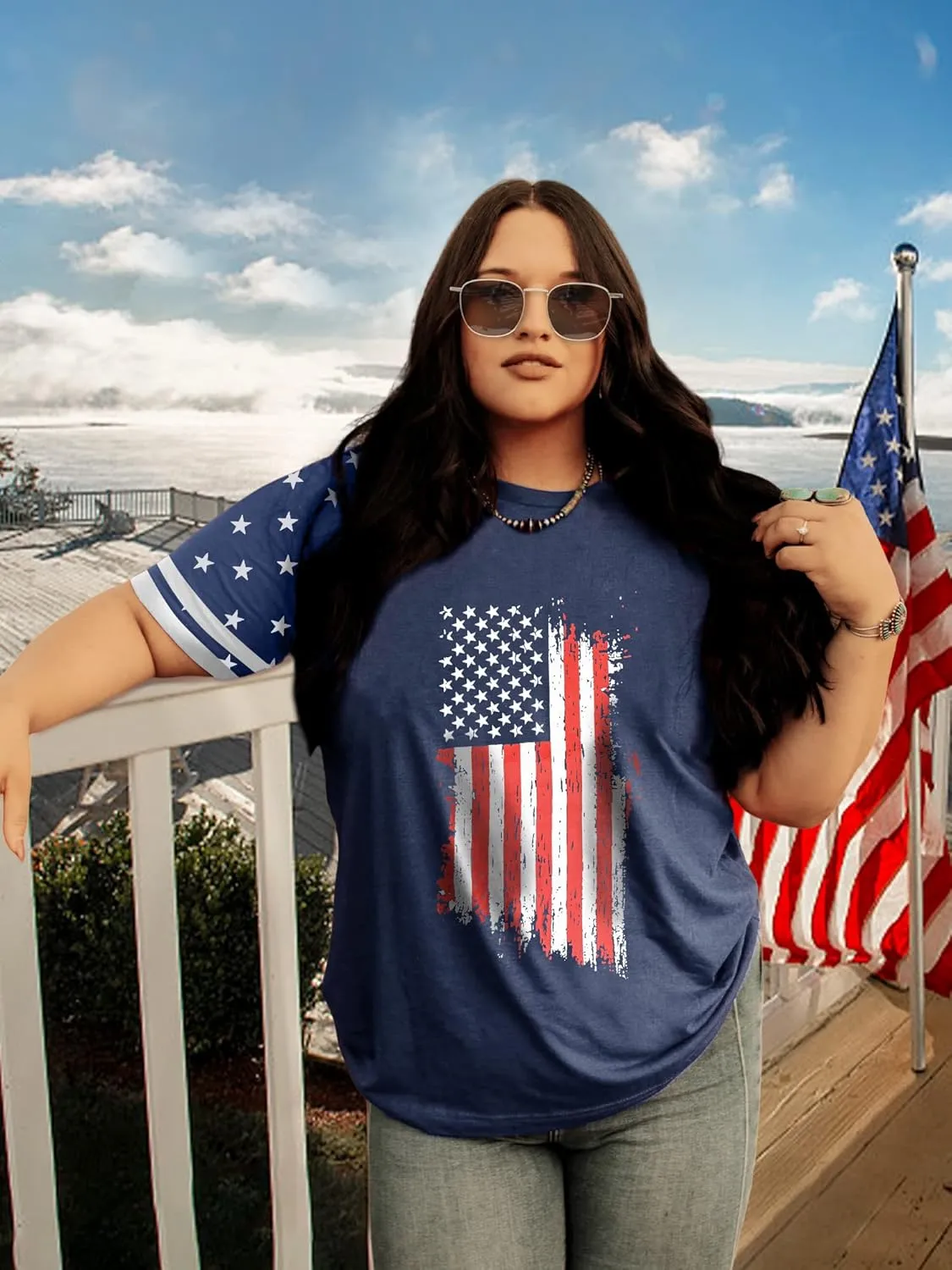 HDLTE Plus Size American Flag Tank Tops Women 4th of July Sleeveless Shirt Patriotic Stars Stripes Racerback Vest