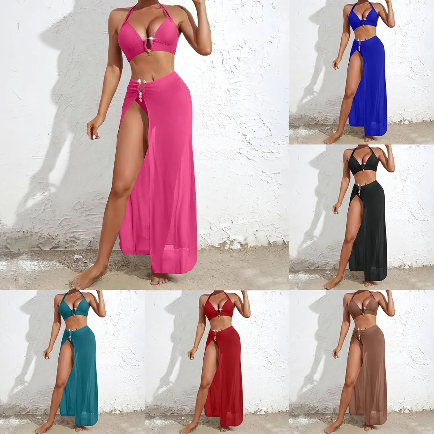 HGps8w 3 Piece Swimsuit for Women Sexy Halter Bikini Sets with Beach Coverup High Slit Maxi Skirt Vacation Bathing Suit