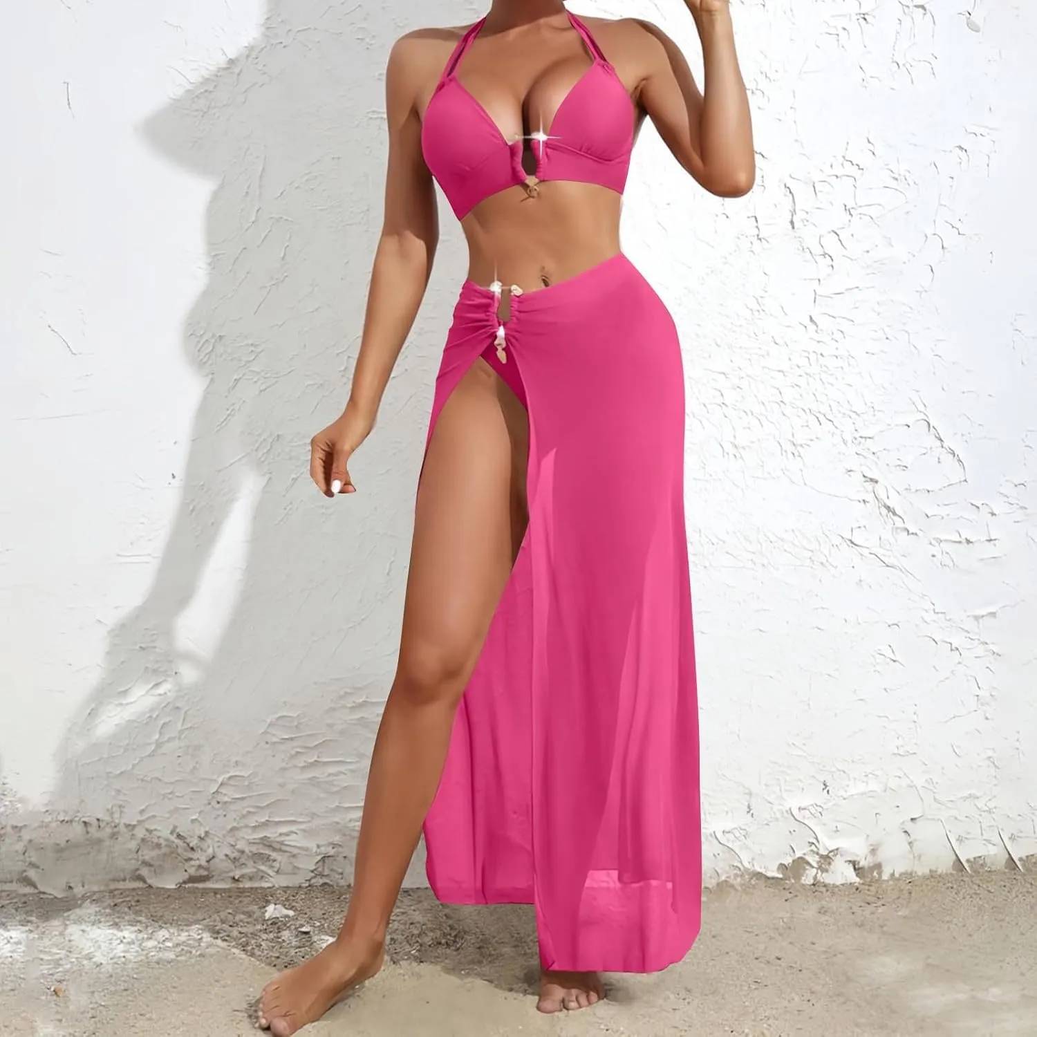 HGps8w 3 Piece Swimsuit for Women Sexy Halter Bikini Sets with Beach Coverup High Slit Maxi Skirt Vacation Bathing Suit