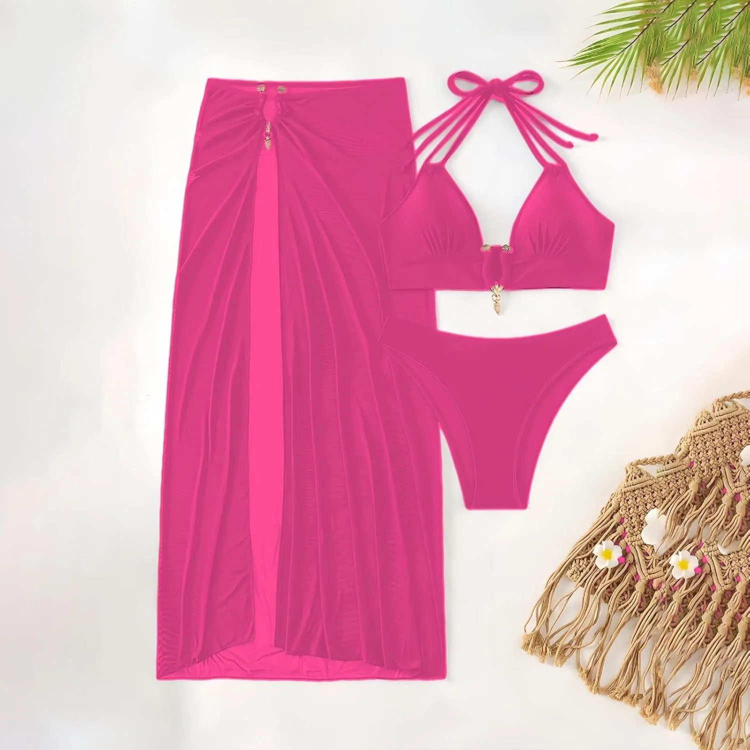 HGps8w 3 Piece Swimsuit for Women Sexy Halter Bikini Sets with Beach Coverup High Slit Maxi Skirt Vacation Bathing Suit