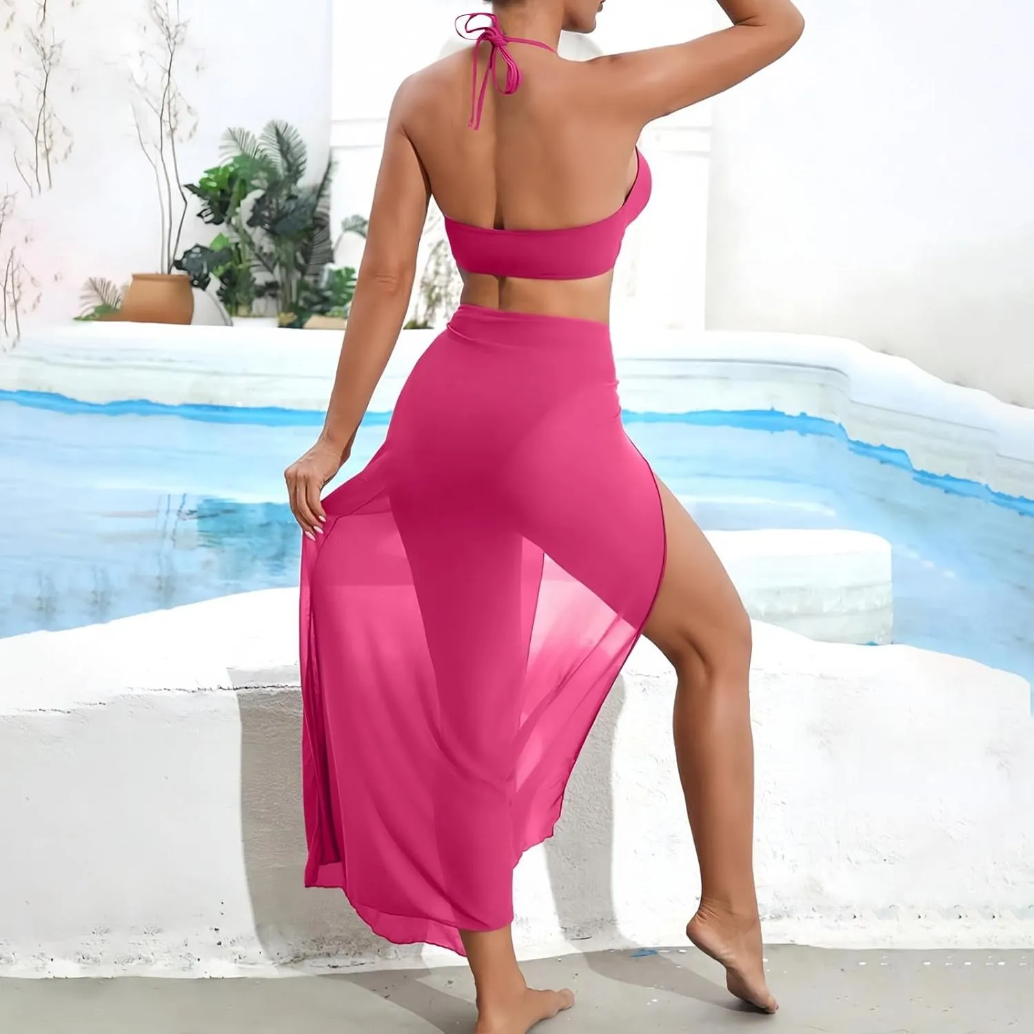 HGps8w 3 Piece Swimsuit for Women Sexy Halter Bikini Sets with Beach Coverup High Slit Maxi Skirt Vacation Bathing Suit