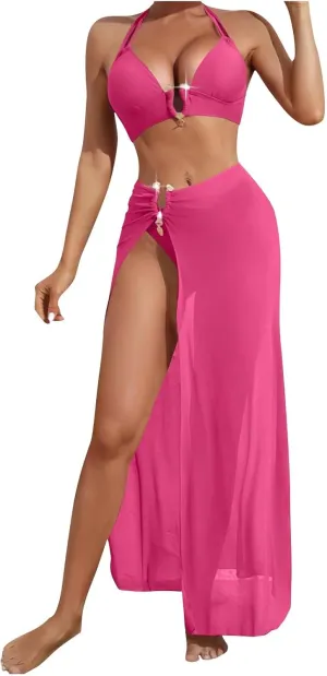 HGps8w 3 Piece Swimsuit for Women Sexy Halter Bikini Sets with Beach Coverup High Slit Maxi Skirt Vacation Bathing Suit