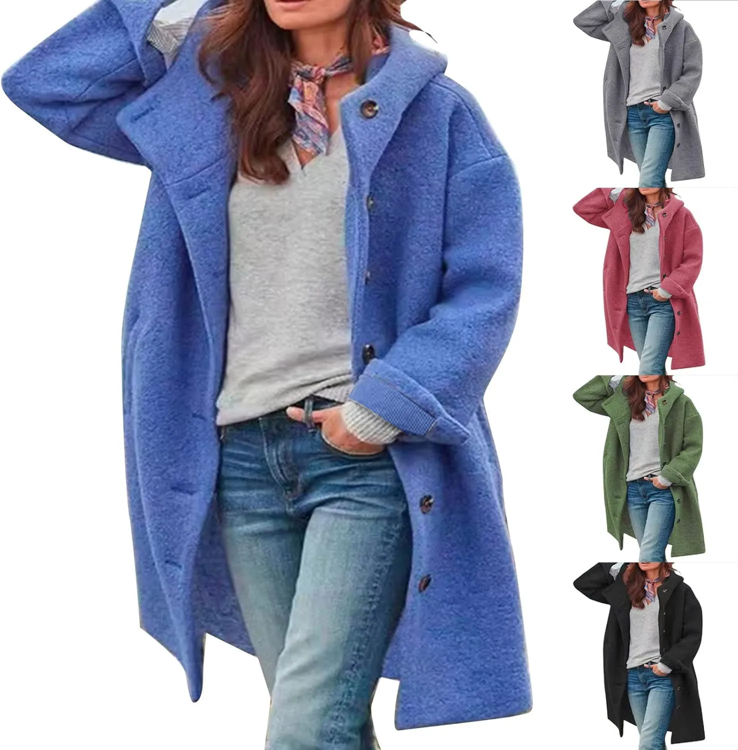 HGps8w Wool Blend Pea Coats for Women Button Front Loose Solid Color Casual Trench Coat Winter Hooded Overcoat Outerwear