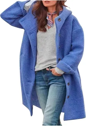 HGps8w Wool Blend Pea Coats for Women Button Front Loose Solid Color Casual Trench Coat Winter Hooded Overcoat Outerwear