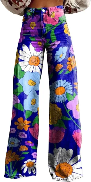 High Waist Long Straight Hippie Pants Women Classic Loose Fit Pants Pattern Print Pants Comfortable Wide Leg Trousers