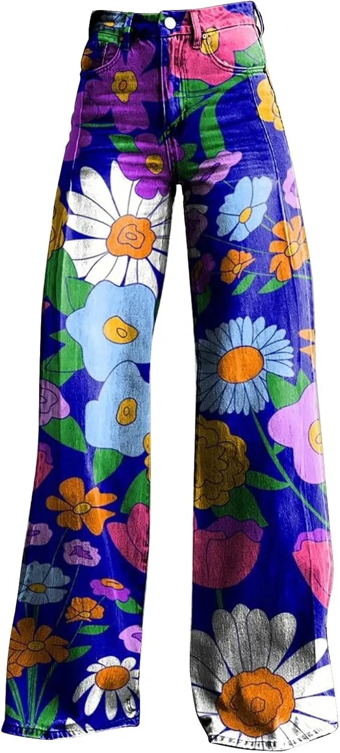 High Waist Long Straight Hippie Pants Women Classic Loose Fit Pants Pattern Print Pants Comfortable Wide Leg Trousers