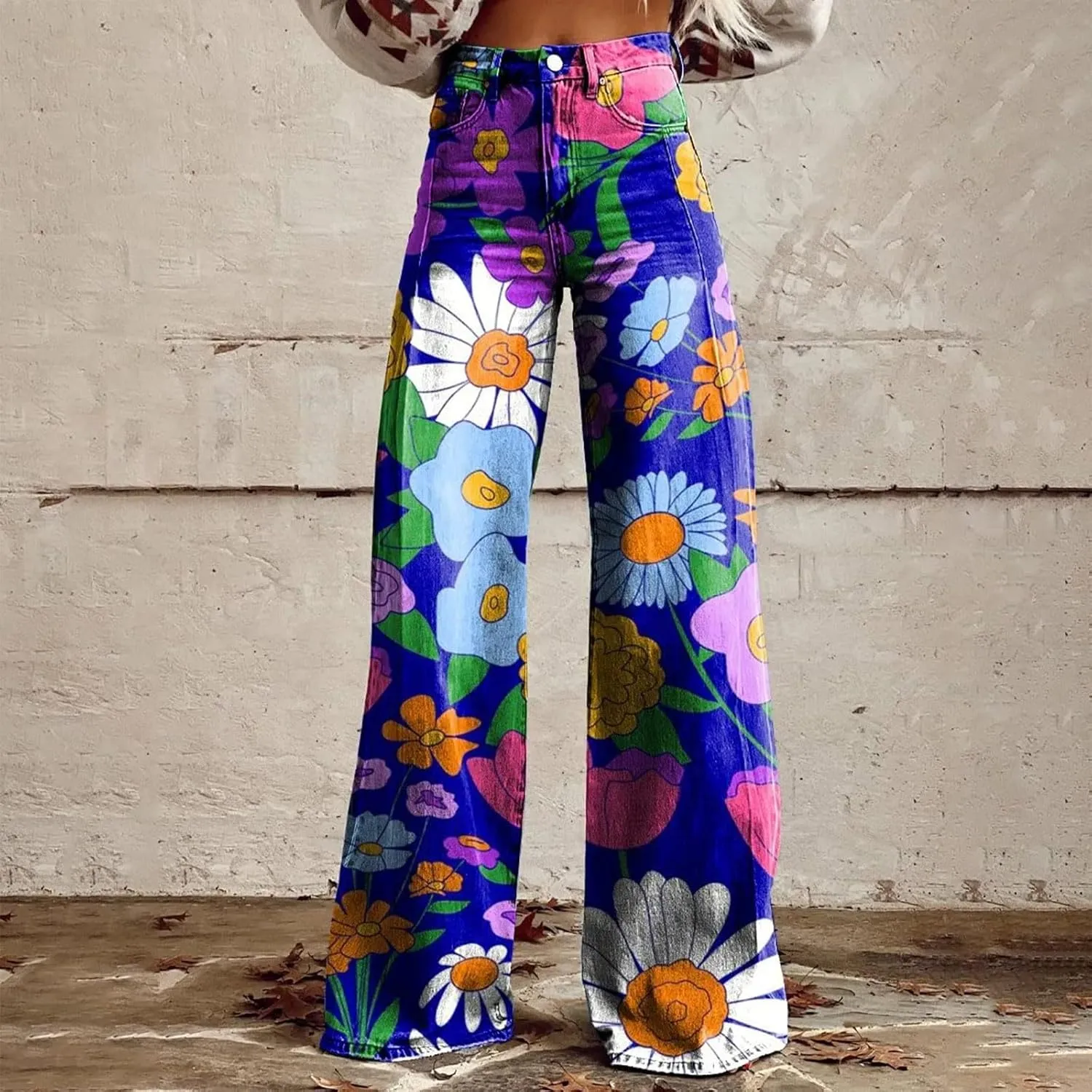 High Waist Long Straight Hippie Pants Women Classic Loose Fit Pants Pattern Print Pants Comfortable Wide Leg Trousers