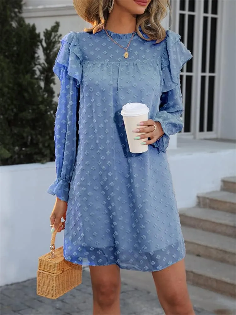 HOULENGS Women's Casual Ruffle Long Sleeve Chiffon Dresses Crew Neck A Line Swing Mini Dress