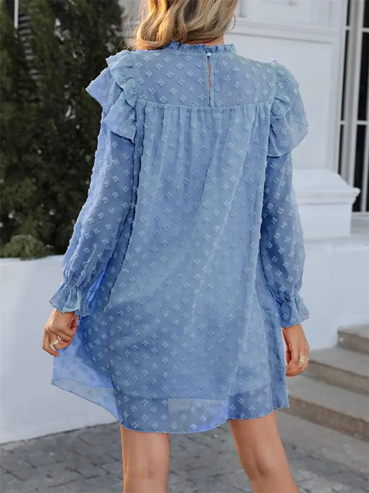 HOULENGS Women's Casual Ruffle Long Sleeve Chiffon Dresses Crew Neck A Line Swing Mini Dress
