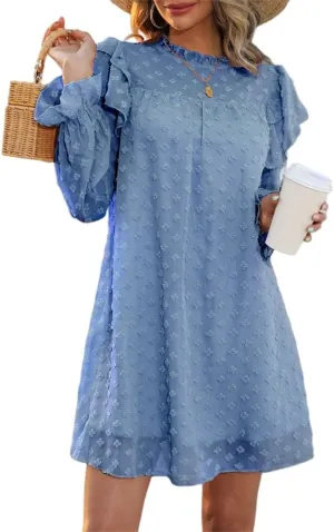HOULENGS Women's Casual Ruffle Long Sleeve Chiffon Dresses Crew Neck A Line Swing Mini Dress