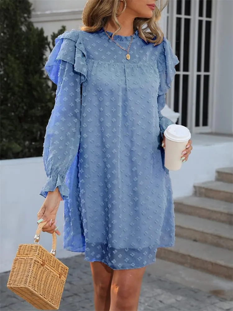 HOULENGS Women's Casual Ruffle Long Sleeve Chiffon Dresses Crew Neck A Line Swing Mini Dress