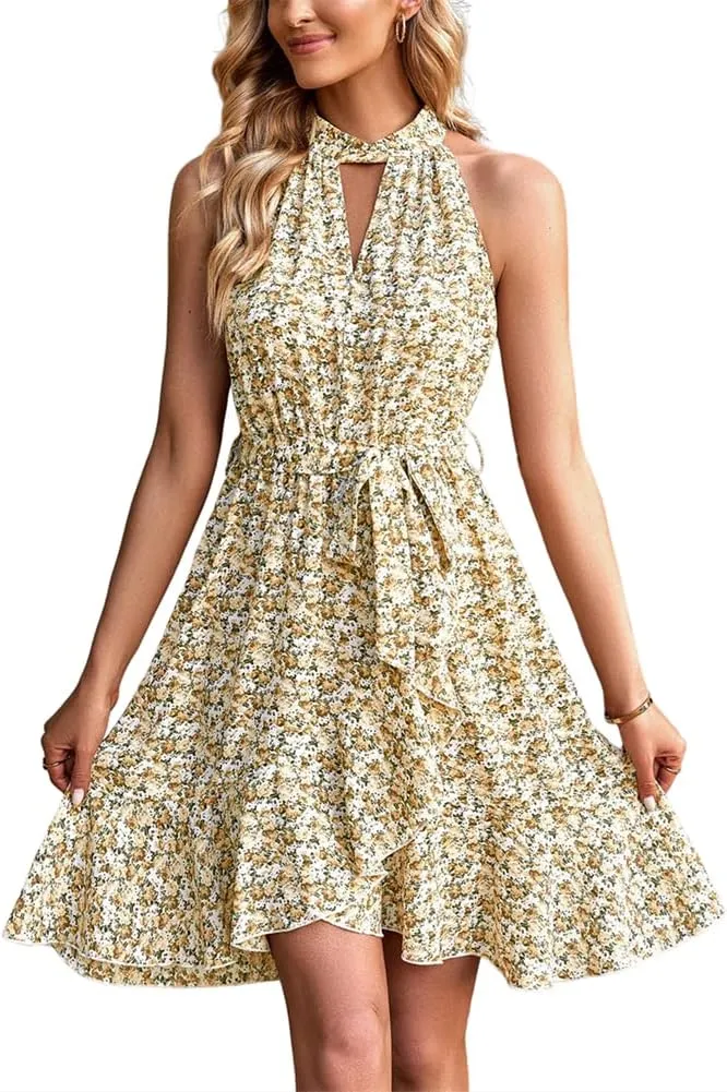 HOULENGS Women's Halter Neck Boho Floral Mini Dress Sleeveless Ruffle Swing Short Dress with Belt