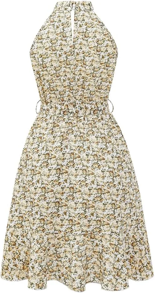 HOULENGS Women's Halter Neck Boho Floral Mini Dress Sleeveless Ruffle Swing Short Dress with Belt