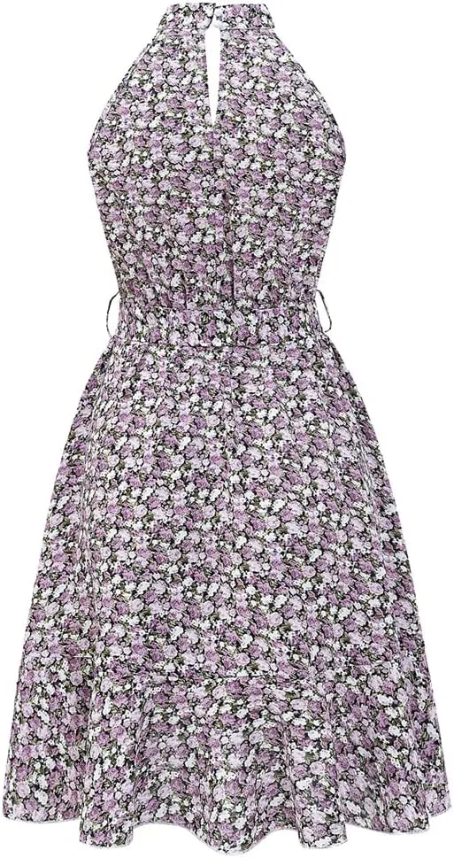 HOULENGS Women's Halter Neck Boho Floral Mini Dress Sleeveless Ruffle Swing Short Dress with Belt