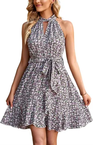 HOULENGS Women's Halter Neck Boho Floral Mini Dress Sleeveless Ruffle Swing Short Dress with Belt