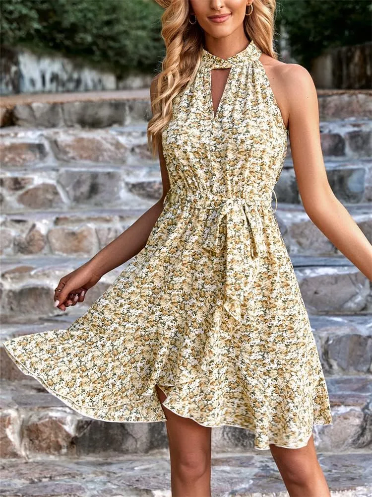 HOULENGS Women's Halter Neck Boho Floral Mini Dress Sleeveless Ruffle Swing Short Dress with Belt