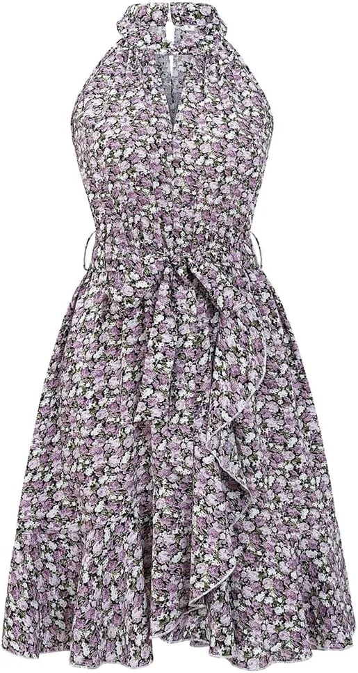 HOULENGS Women's Halter Neck Boho Floral Mini Dress Sleeveless Ruffle Swing Short Dress with Belt