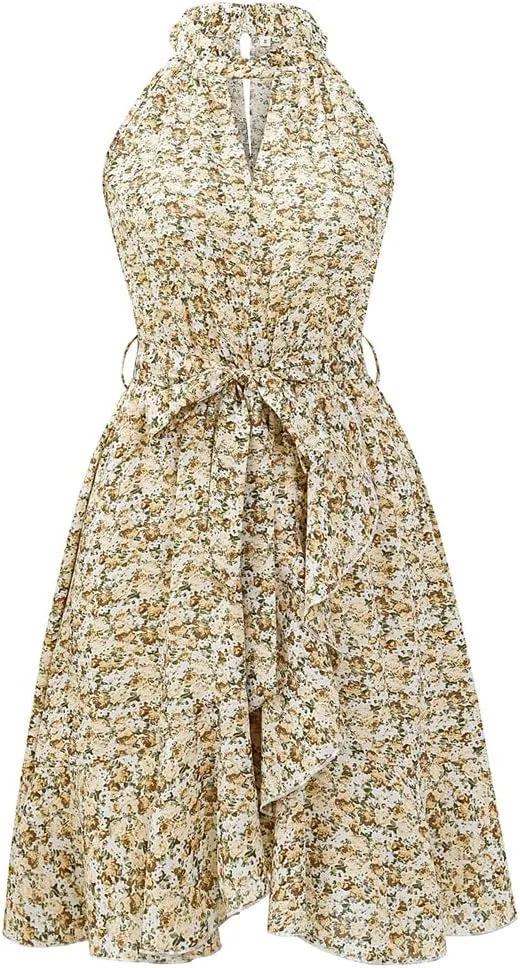 HOULENGS Women's Halter Neck Boho Floral Mini Dress Sleeveless Ruffle Swing Short Dress with Belt