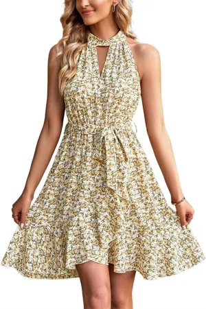 HOULENGS Women's Halter Neck Boho Floral Mini Dress Sleeveless Ruffle Swing Short Dress with Belt