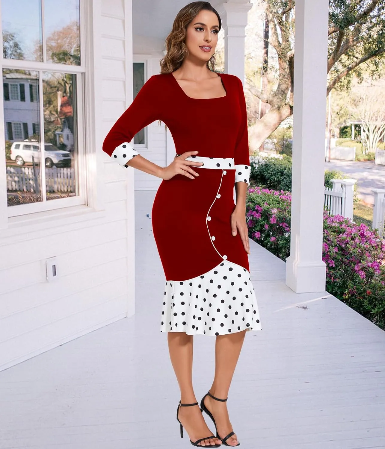 HugeNice Women's Business Work Midi Dress Elegant Bodycon Fishtail Dress Formal Church Wedding Guest Dresses
