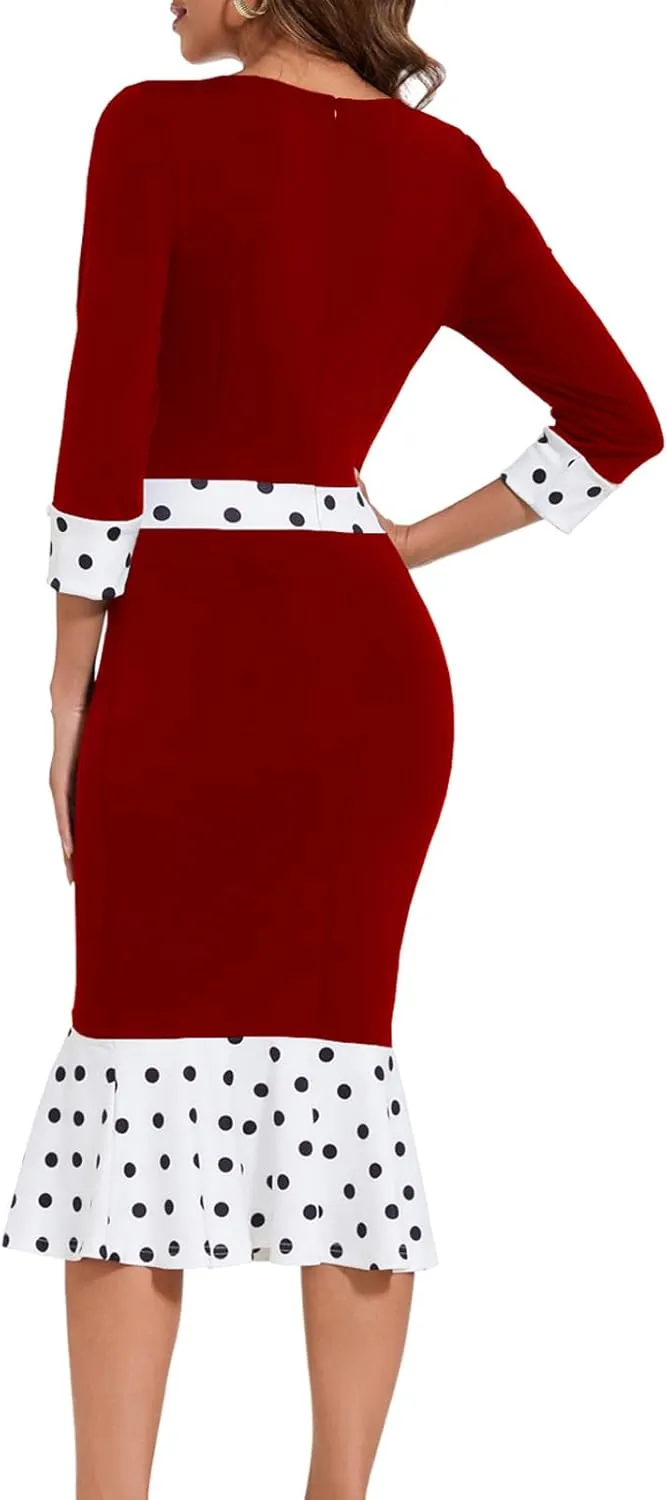 HugeNice Women's Business Work Midi Dress Elegant Bodycon Fishtail Dress Formal Church Wedding Guest Dresses