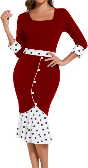 HugeNice Women's Business Work Midi Dress Elegant Bodycon Fishtail Dress Formal Church Wedding Guest Dresses