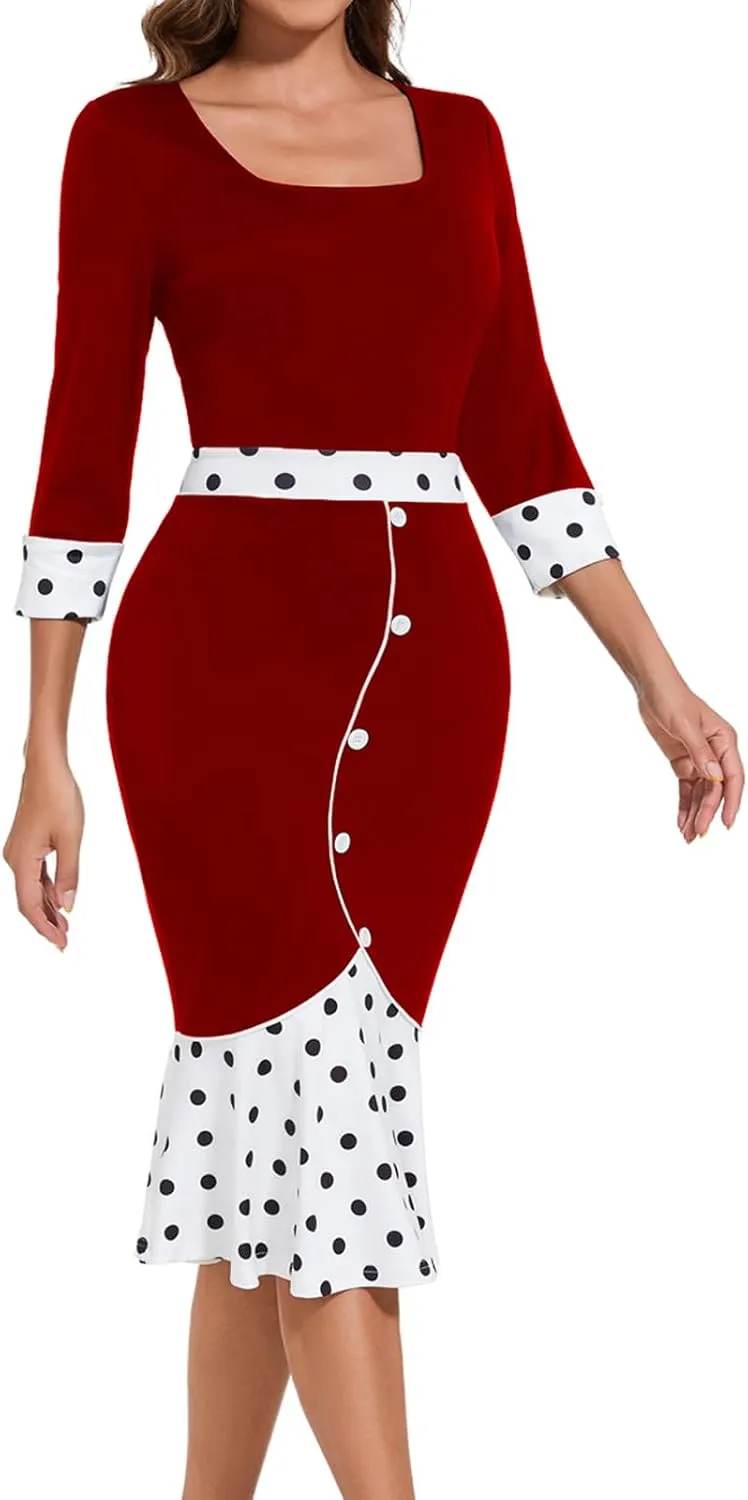 HugeNice Women's Business Work Midi Dress Elegant Bodycon Fishtail Dress Formal Church Wedding Guest Dresses