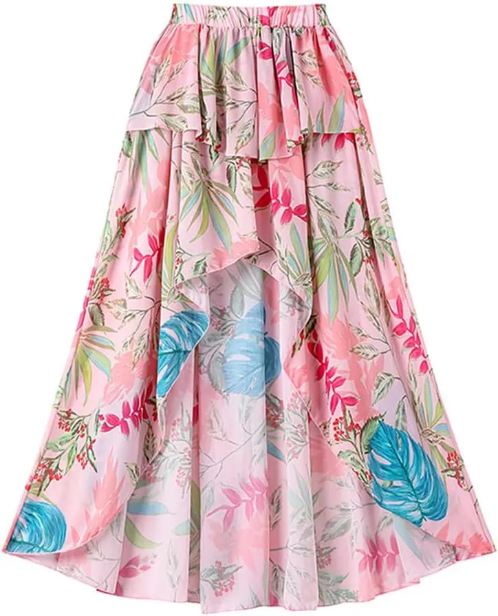 IMEKIS Women Floral Print Swimsuit with Maxi Skirt Bathing Suits Ruffles 2 Piece Swimwear Summer Holiday Outfit