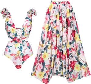 IMEKIS Women Floral Print Swimsuit with Maxi Skirt Bathing Suits Ruffles 2 Piece Swimwear Summer Holiday Outfit