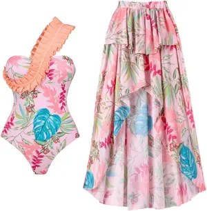 IMEKIS Women Floral Print Swimsuit with Maxi Skirt Bathing Suits Ruffles 2 Piece Swimwear Summer Holiday Outfit