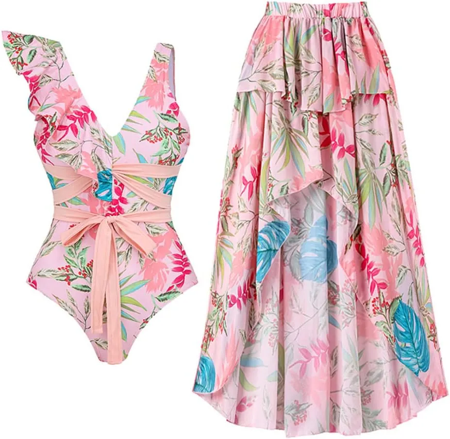 IMEKIS Women Floral Print Swimsuit with Maxi Skirt Bathing Suits Ruffles 2 Piece Swimwear Summer Holiday Outfit