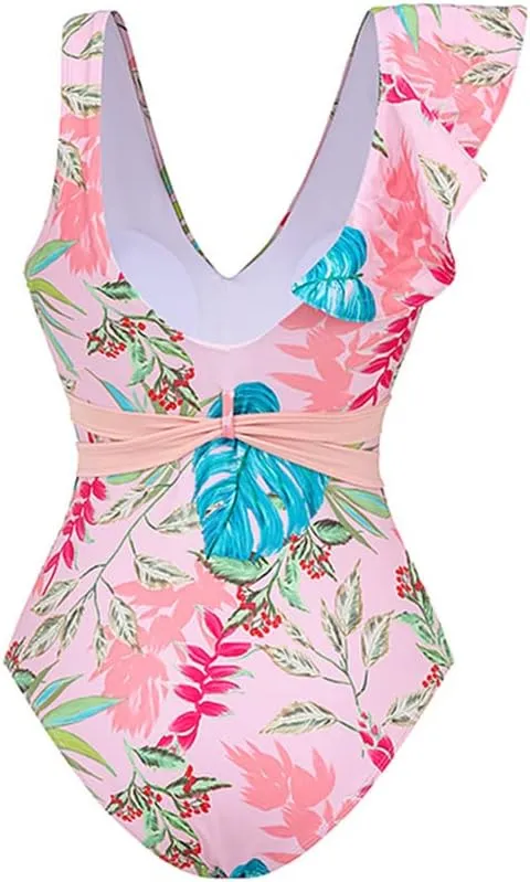 IMEKIS Women Floral Print Swimsuit with Maxi Skirt Bathing Suits Ruffles 2 Piece Swimwear Summer Holiday Outfit