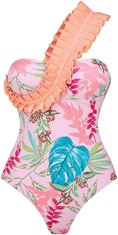 IMEKIS Women Floral Print Swimsuit with Maxi Skirt Bathing Suits Ruffles 2 Piece Swimwear Summer Holiday Outfit