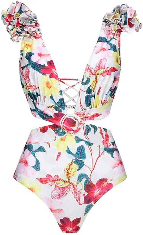 IMEKIS Women Floral Print Swimsuit with Maxi Skirt Bathing Suits Ruffles 2 Piece Swimwear Summer Holiday Outfit
