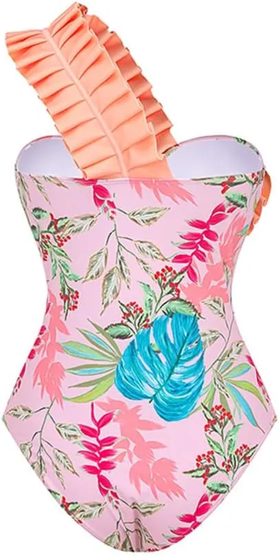 IMEKIS Women Floral Print Swimsuit with Maxi Skirt Bathing Suits Ruffles 2 Piece Swimwear Summer Holiday Outfit