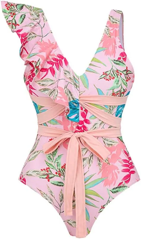 IMEKIS Women Floral Print Swimsuit with Maxi Skirt Bathing Suits Ruffles 2 Piece Swimwear Summer Holiday Outfit