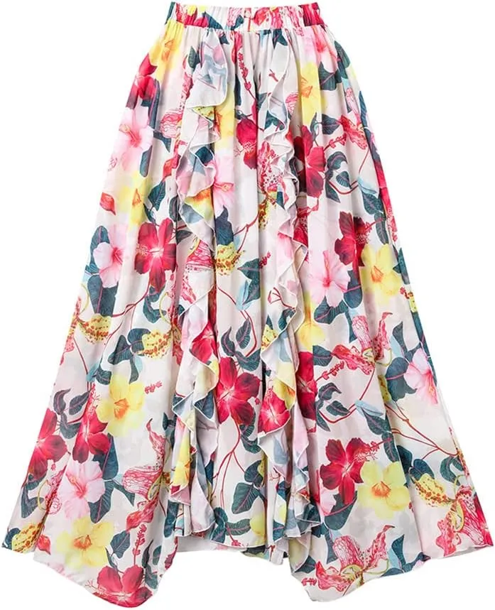 IMEKIS Women Floral Print Swimsuit with Maxi Skirt Bathing Suits Ruffles 2 Piece Swimwear Summer Holiday Outfit