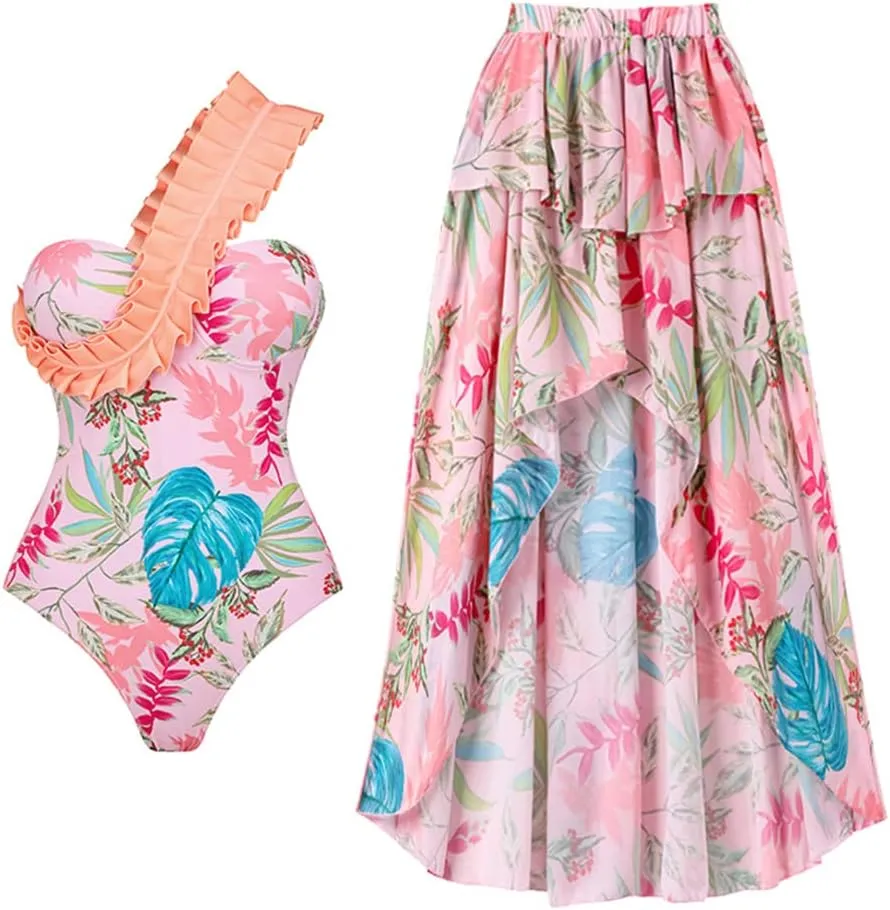 IMEKIS Women Floral Print Swimsuit with Maxi Skirt Bathing Suits Ruffles 2 Piece Swimwear Summer Holiday Outfit