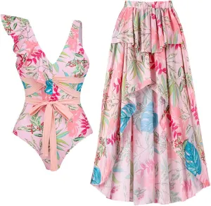 IMEKIS Women Floral Print Swimsuit with Maxi Skirt Bathing Suits Ruffles 2 Piece Swimwear Summer Holiday Outfit