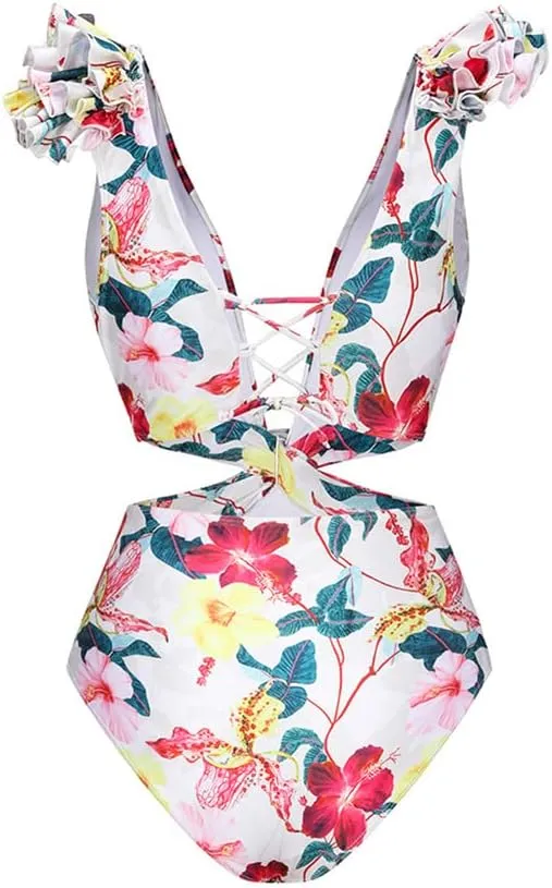 IMEKIS Women Floral Print Swimsuit with Maxi Skirt Bathing Suits Ruffles 2 Piece Swimwear Summer Holiday Outfit