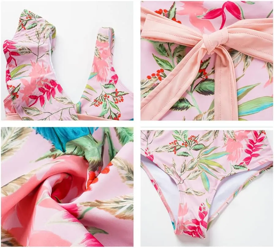 IMEKIS Women Floral Print Swimsuit with Maxi Skirt Bathing Suits Ruffles 2 Piece Swimwear Summer Holiday Outfit