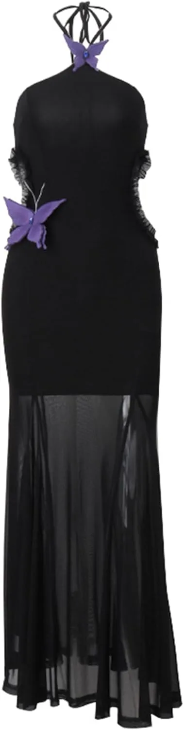 ISZPLUSH Women's Sleeveless All Mesh Dress Sexy Mini Tassel Cut Out See Through Dress High Slit Ruffle Hem Mesh Club Outfit