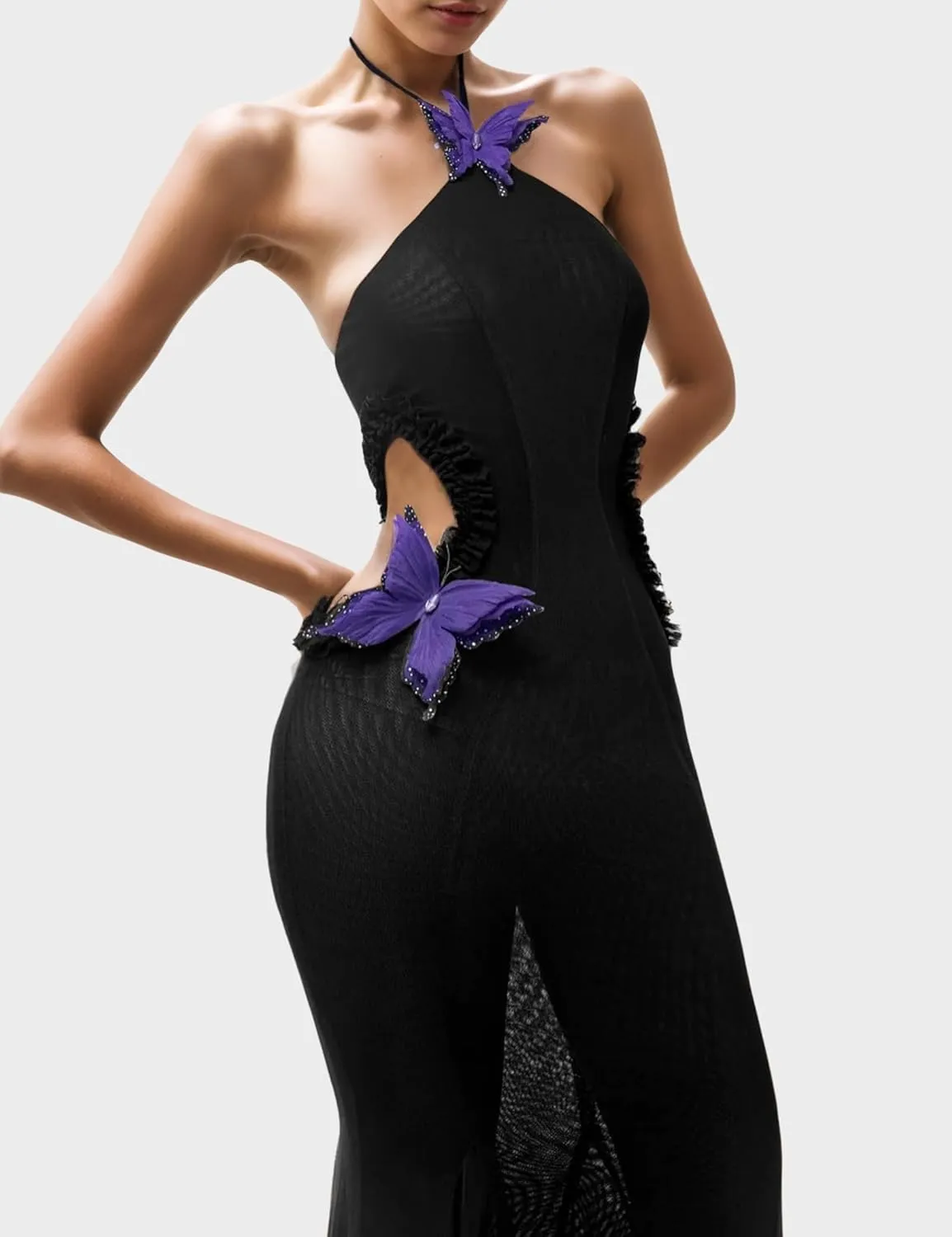 ISZPLUSH Women's Sleeveless All Mesh Dress Sexy Mini Tassel Cut Out See Through Dress High Slit Ruffle Hem Mesh Club Outfit