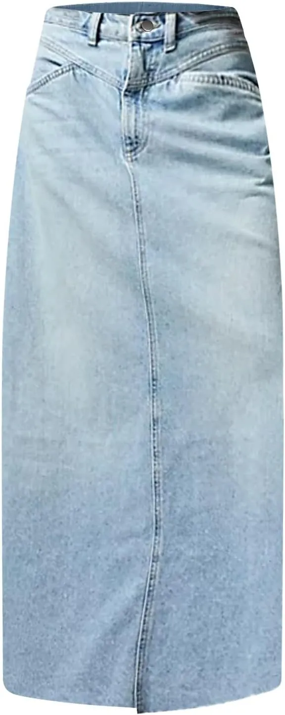 Jean Skirts for Women Denim Long Ankle Maxi Stretch Corduroy A-Line Flare Trendy Skirt with Pockets Panel Skirt