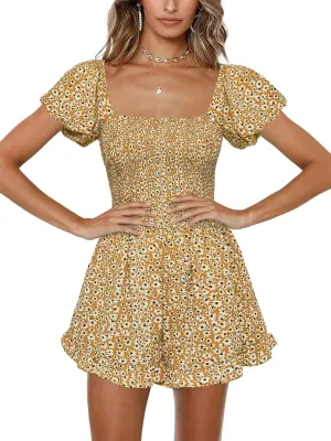Jeanewpole1 Women Shirred Smocked Tube Top Short Wide Leg Pants Romper Jumpsuit