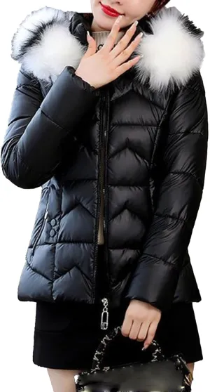 JEsilunmaMY Winter Shiny Short Down Coat for Women Fashion Thicken Crop Puffer Jacket with Fur Hood Warm Cotton Padded Coat