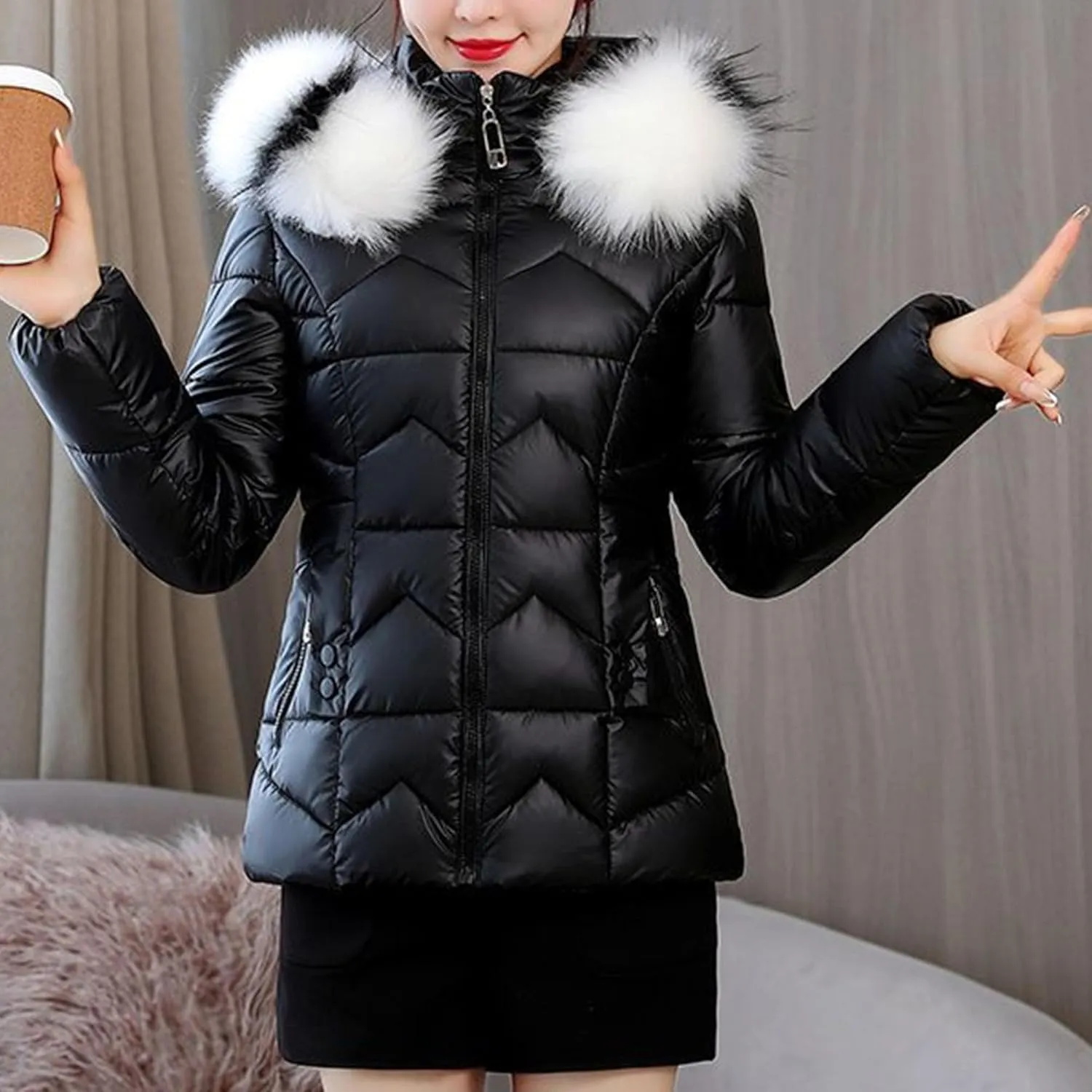 JEsilunmaMY Winter Shiny Short Down Coat for Women Fashion Thicken Crop Puffer Jacket with Fur Hood Warm Cotton Padded Coat