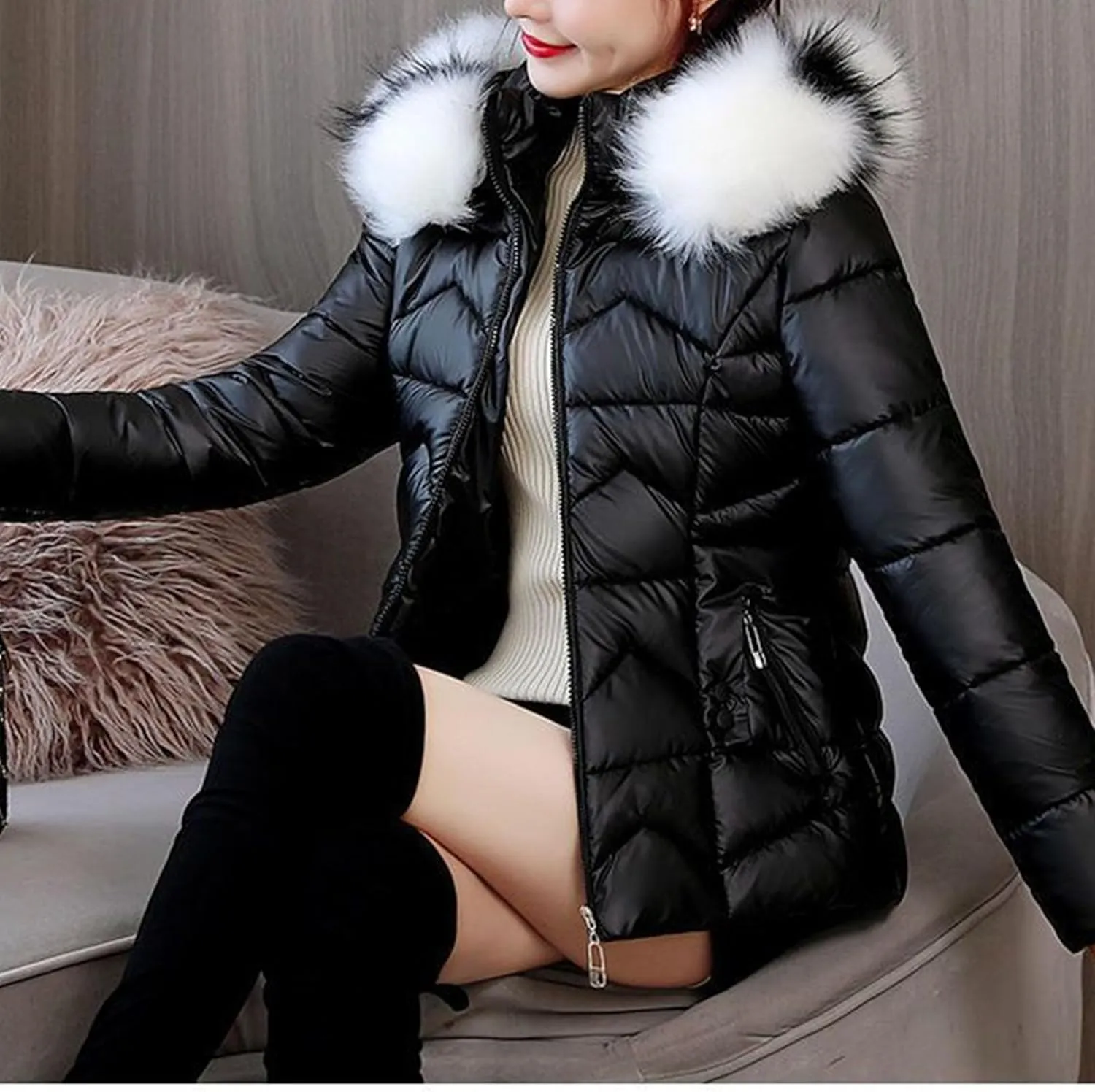 JEsilunmaMY Winter Shiny Short Down Coat for Women Fashion Thicken Crop Puffer Jacket with Fur Hood Warm Cotton Padded Coat